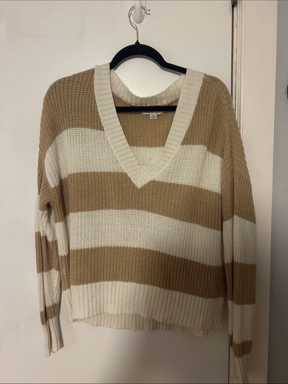 American Eagle Outfitters Beige & Cream Striped V-Neck Sweater
